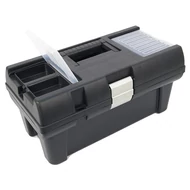 Szerszámosláda, műanyag, alucsatos, tálcával, fekete, lakatolható; 16", 415×220×200mm, rendező felül