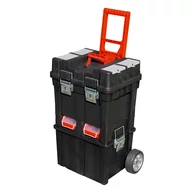 Szerszámosláda kerekes, profi erős, műanyag 495×350×712mm, fémcsatos, tálcával, fekete, lakatolható