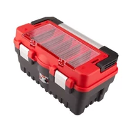 Szerszámosláda, műanyag 462×256×242mm, fémcsatos, tálcával, lakatolható, ALU nyél