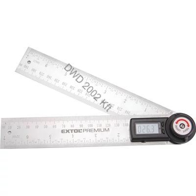 Digitális szögmérő-vonalzó, szög- és hosszmérésre, 0-360°, pontosság: ±0,3°, 2×200 mm, Alu szár mm és coll beosztással