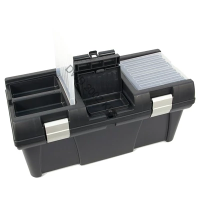 Szerszámosláda, műanyag, alucsatos, tálcával, fekete, lakatolható; 20", 525×255×245mm, rendező felül